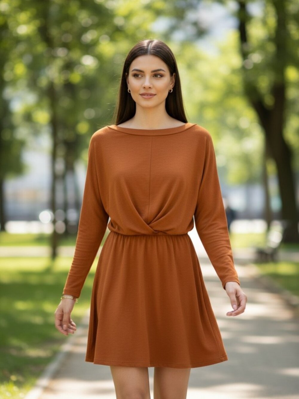 FP Beach Rust Orange Off Shoulder Long Sleeve Dress Smocked Waist Small Relaxed